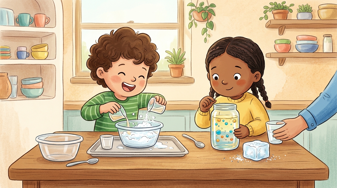 Cartoon illustration of a parent and child at home doing Kitchen Science.
