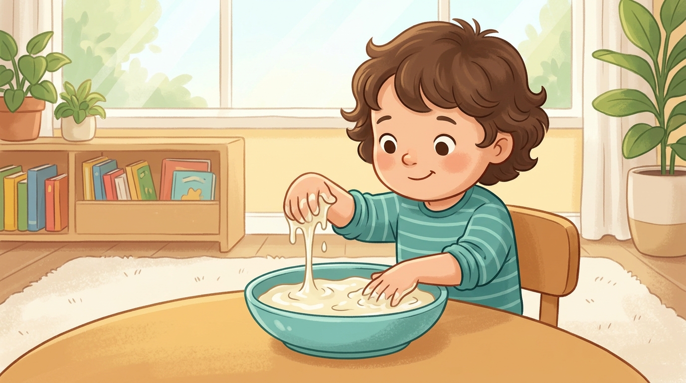 Cartoon illustration of a parent and child at home doing Oobleck Sensory Play.