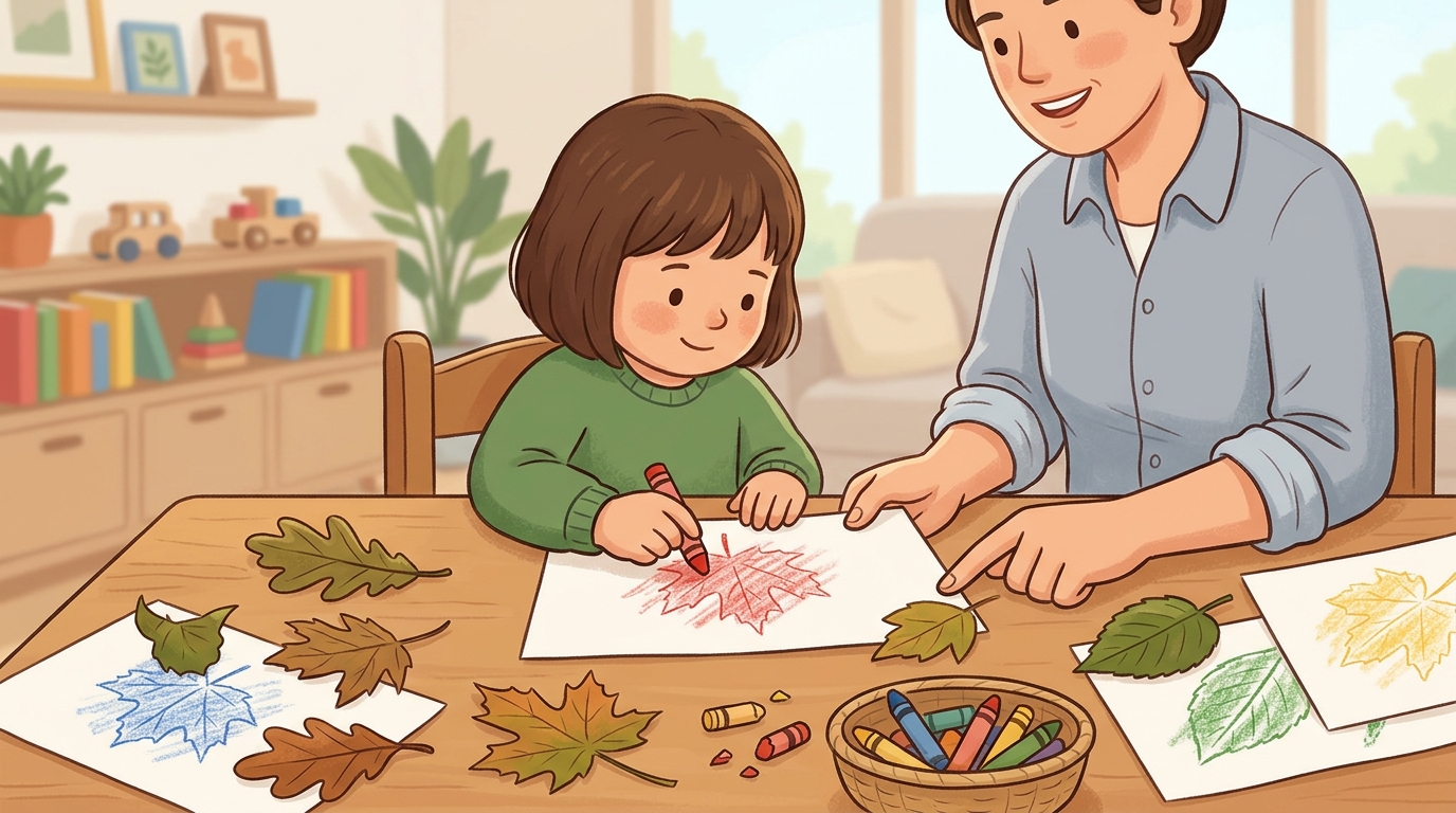 Cartoon illustration of a parent and child at home doing Pressed Leaf Prints.