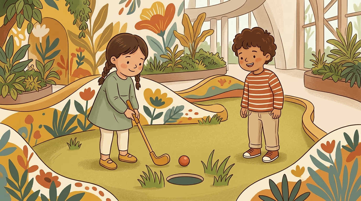 Cartoon illustration of a parent and child at home doing One Ball Team.
