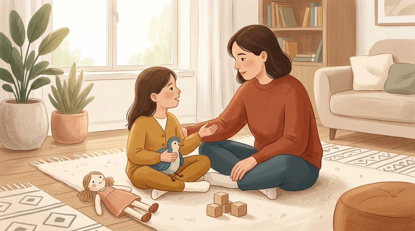 Cartoon illustration of a parent and child at home doing Fix It Conversation.