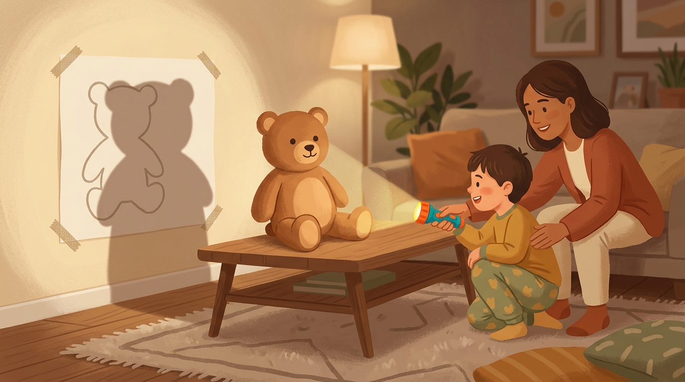 Cartoon illustration of a parent and child at home doing Shadow Size Trick.