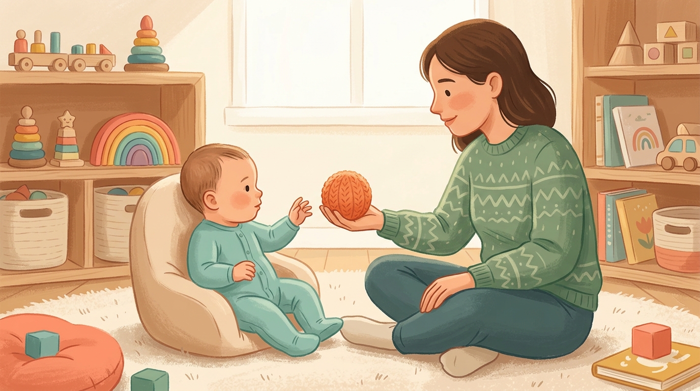 Cartoon illustration of a parent and child at home doing Slow Object Offering.