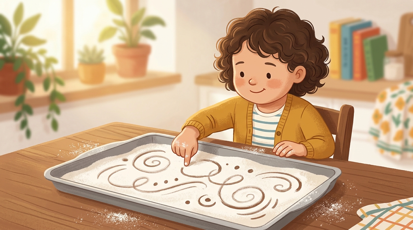 Cartoon illustration of a parent and child at home: spread a thin layer of flour, fine salt, or clean sand on a tray.