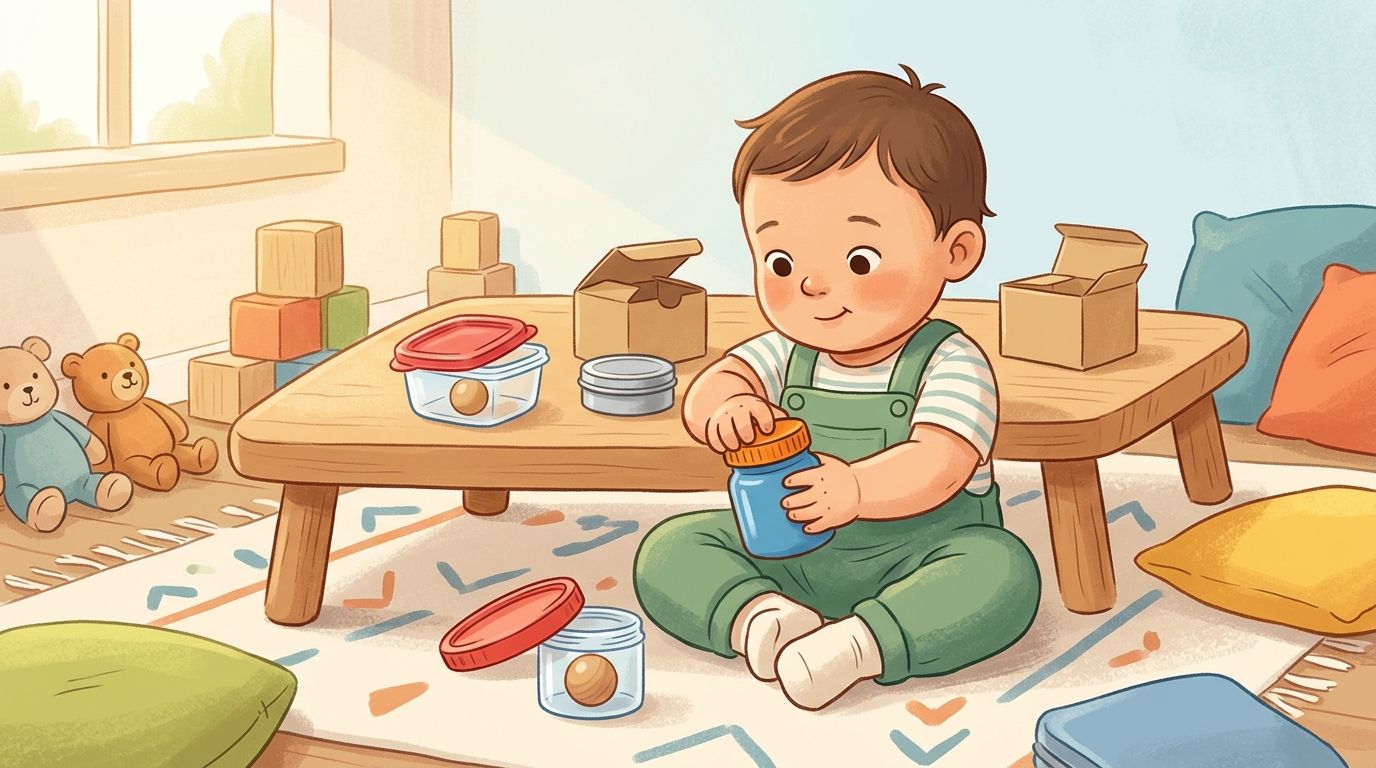 Cartoon illustration of a parent and child at home doing Open and Close Station.