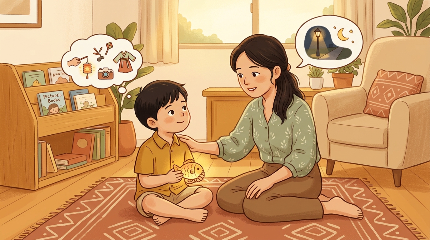Parent and child choosing a festival activity to look forward to together.