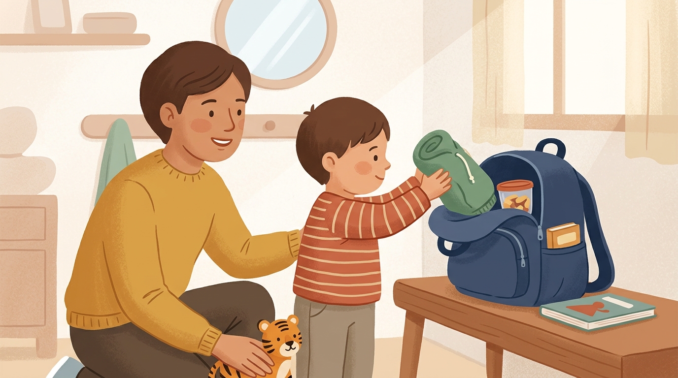 Cartoon illustration of a parent and child at home doing Pack and Unpack the Bag.