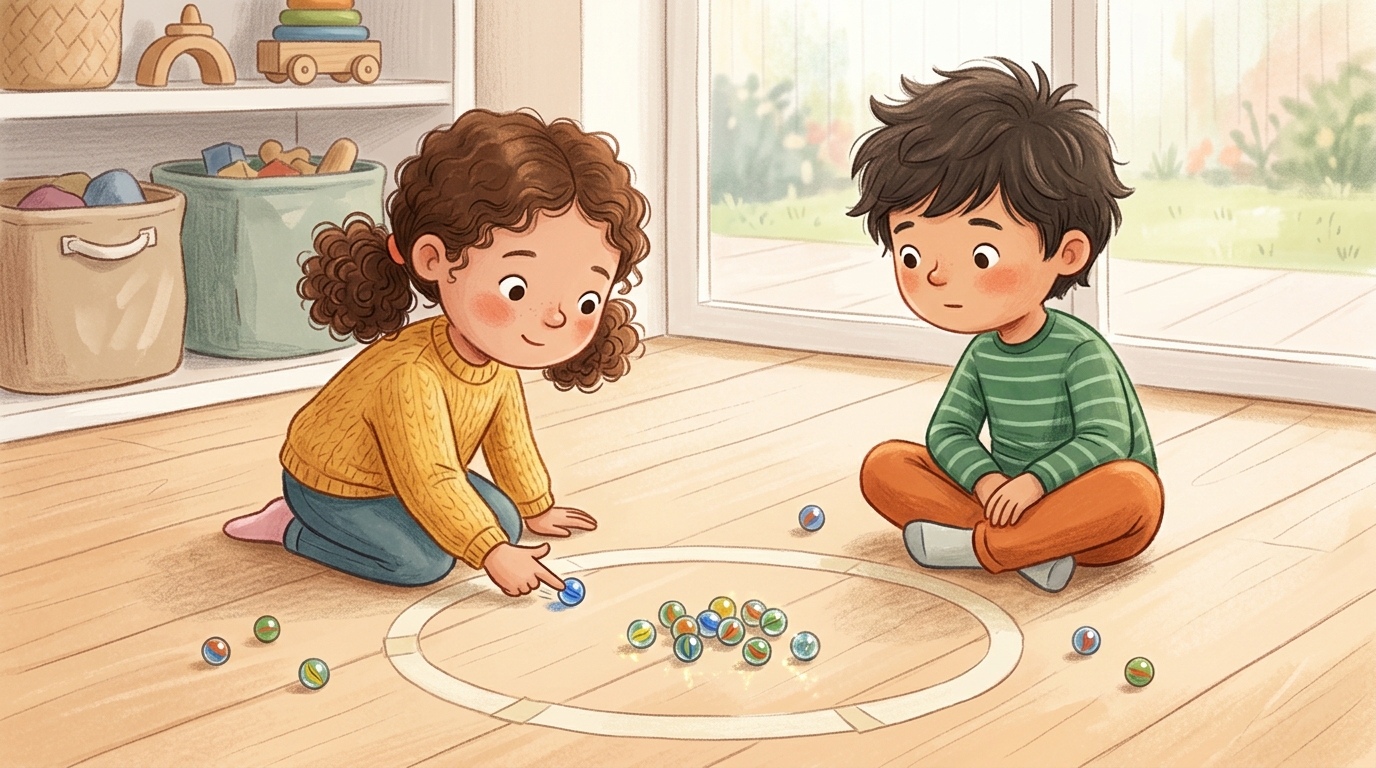 Cartoon illustration of a parent and child at home: players flick marbles to knock others out of a ring, a classic of aim and fine control.