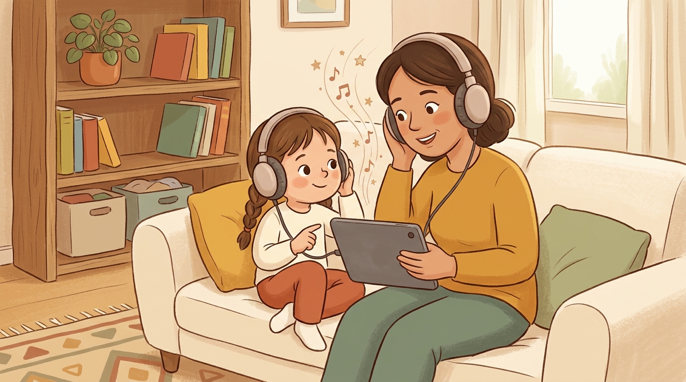 Cartoon illustration of a parent and child at home doing Meet An UNDERTALE Tune.