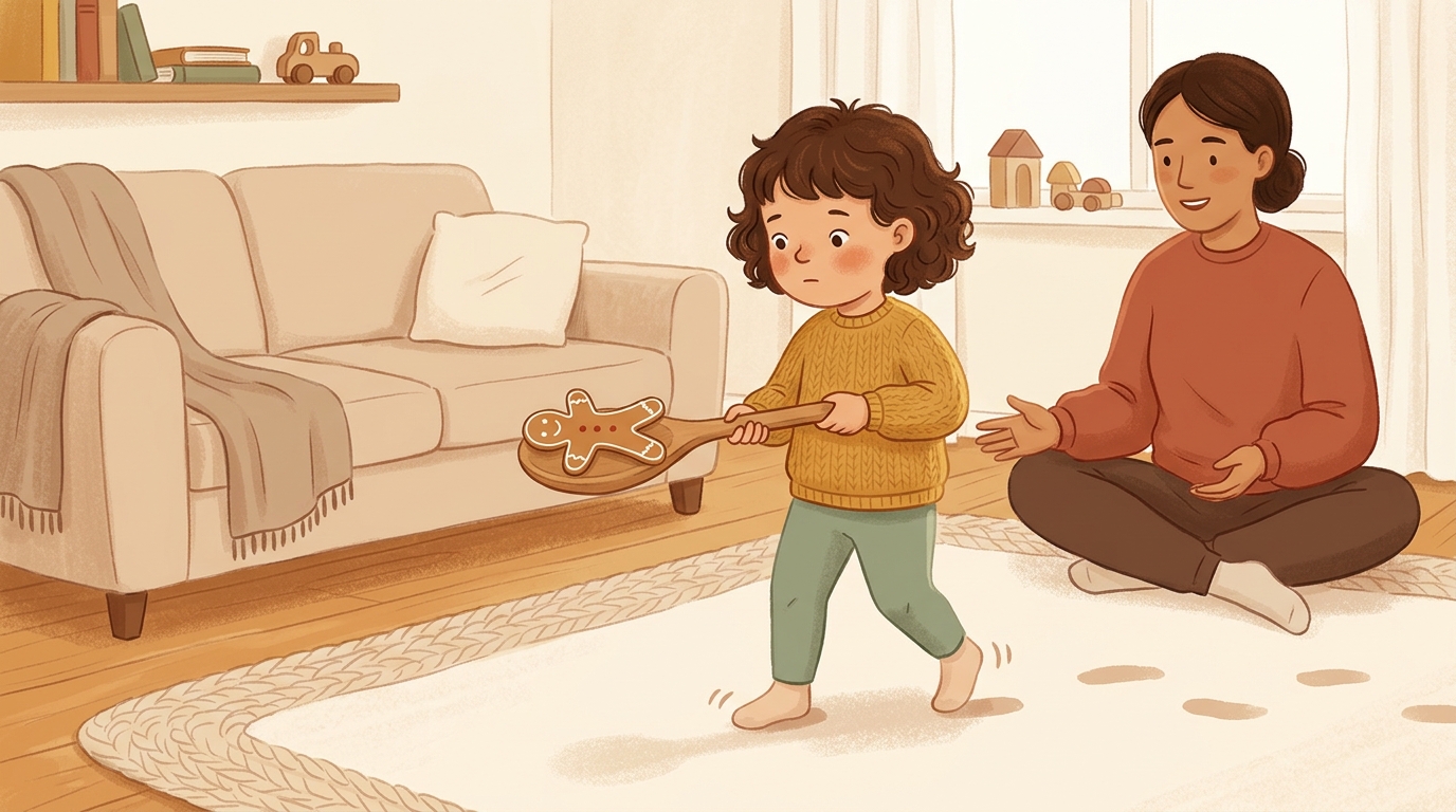 Cartoon illustration of a parent and child at home doing Gingerbread Spoon Ride.