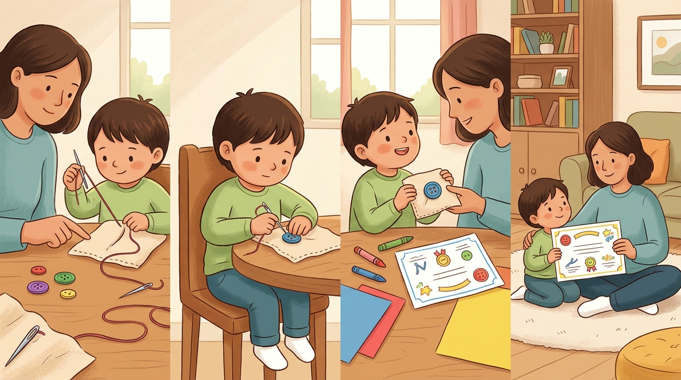 Cartoon illustration of a parent and child at home doing Life Skill Challenge.