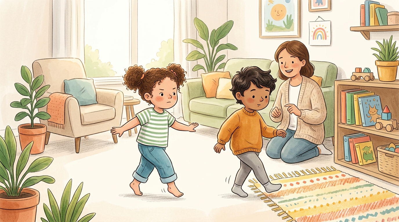 Cartoon illustration of a parent and child at home: race to cross the room as slowly as possible without stopping.