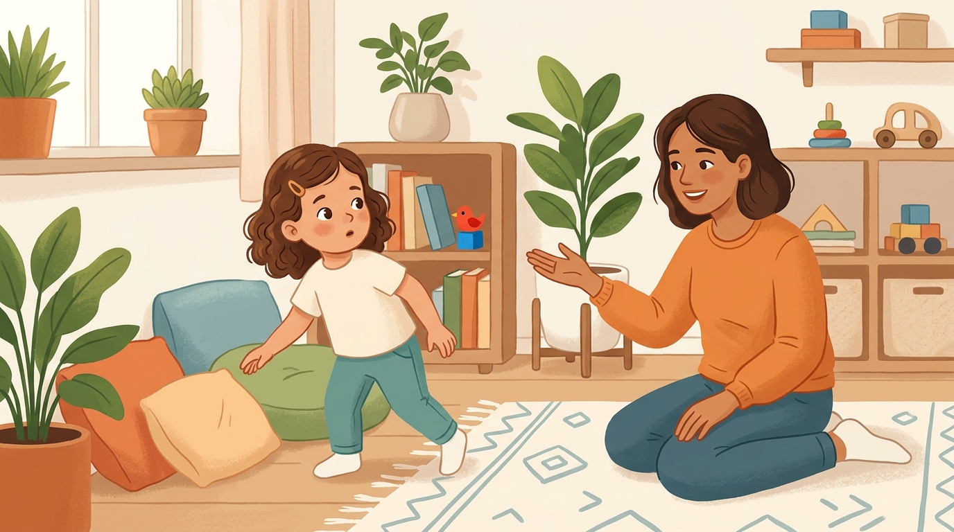 Cartoon illustration of a parent and child at home: one player hides an object and guides a seeker with 'hotter' and 'colder' clues.
