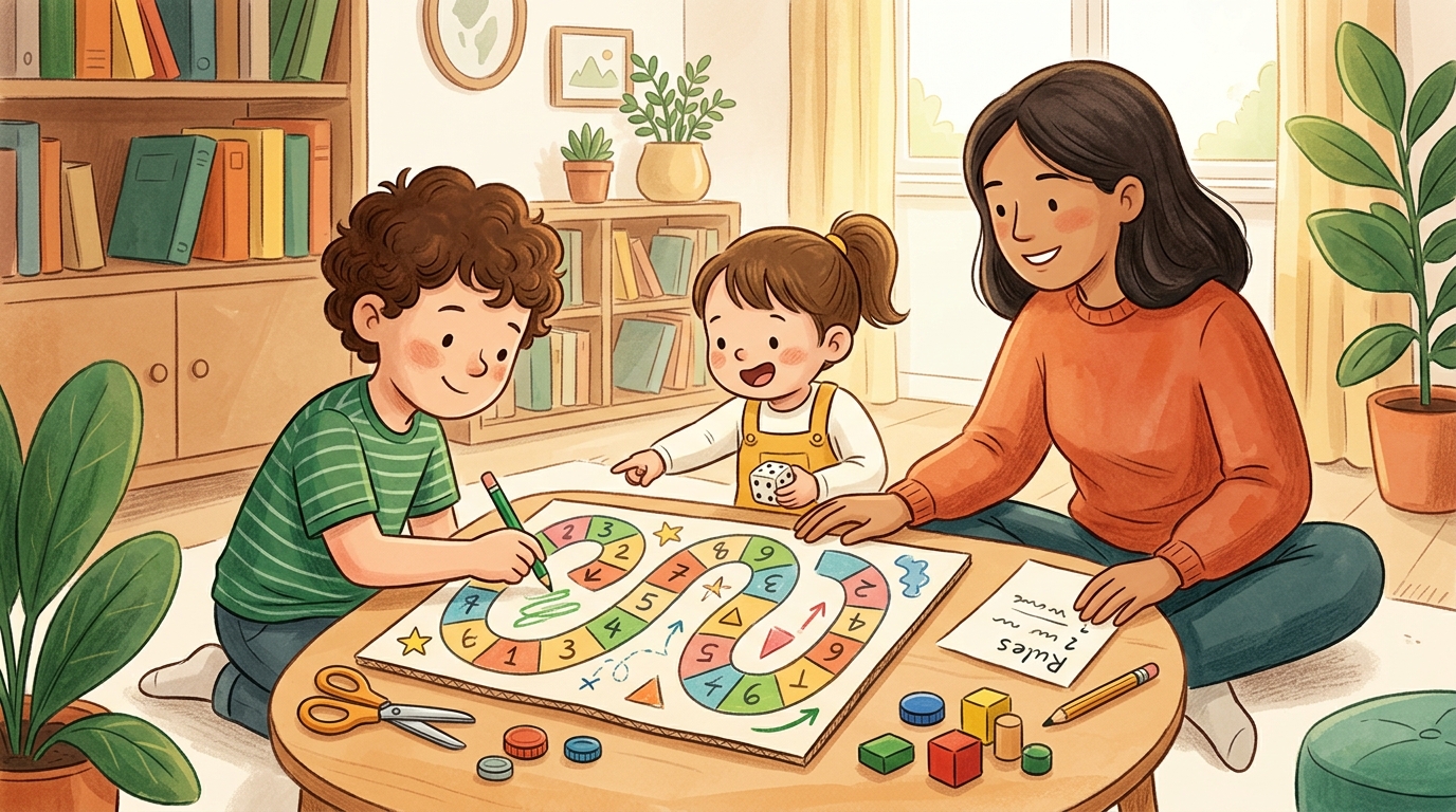 Cartoon illustration of a parent and child at home doing Design and Playtest a Game.