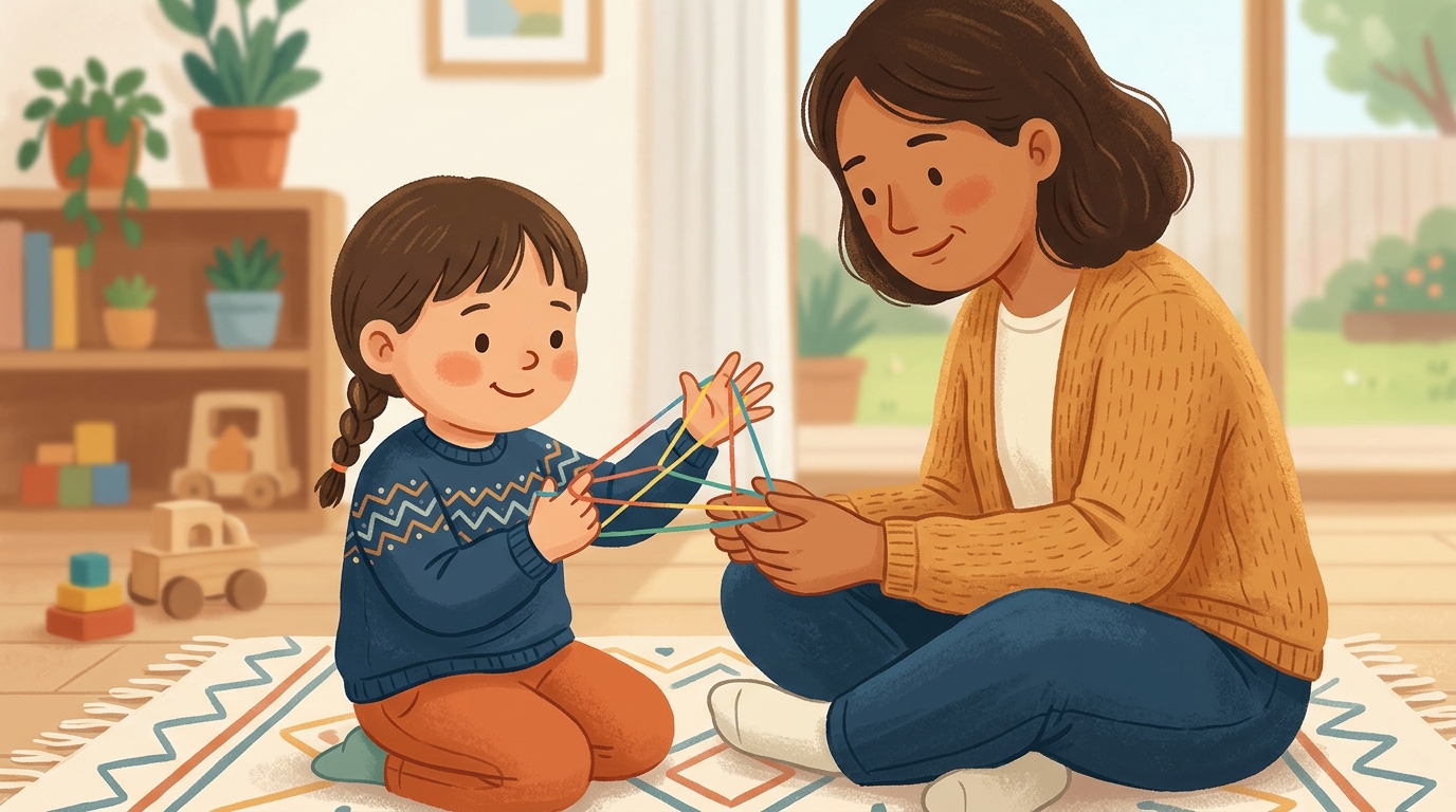 Cartoon illustration of a parent and child at home doing Cat's Cradle.