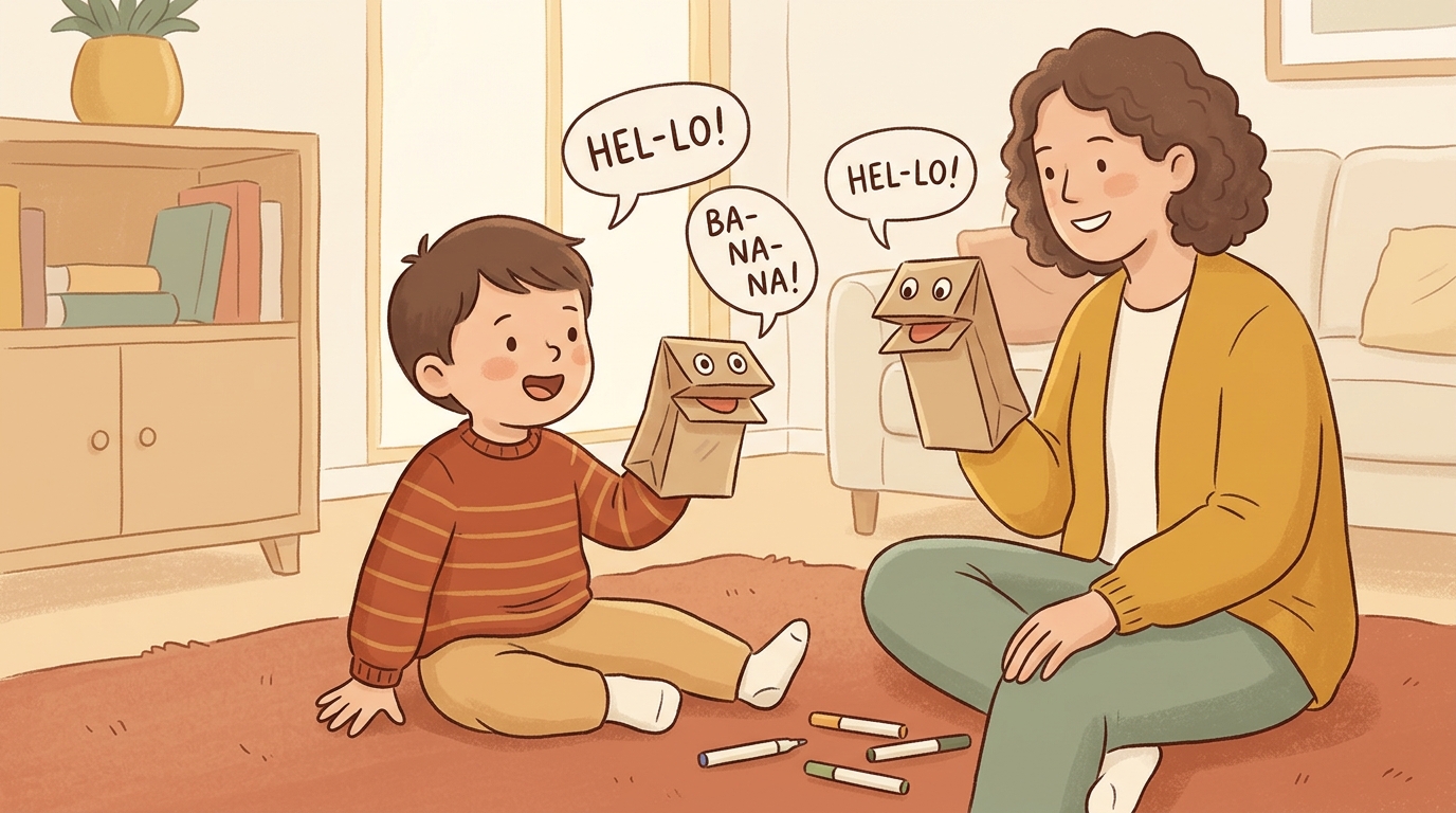 Cartoon illustration of a parent and child at home doing Make A Talking Bag.