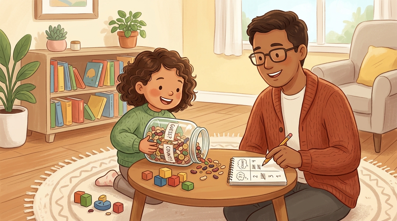 Cartoon illustration of a parent and child at home doing Estimate and Count Jar.