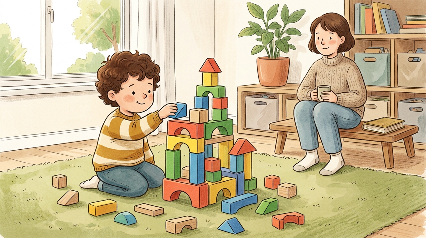 Cartoon illustration of a parent and child at home doing Block Free Build.