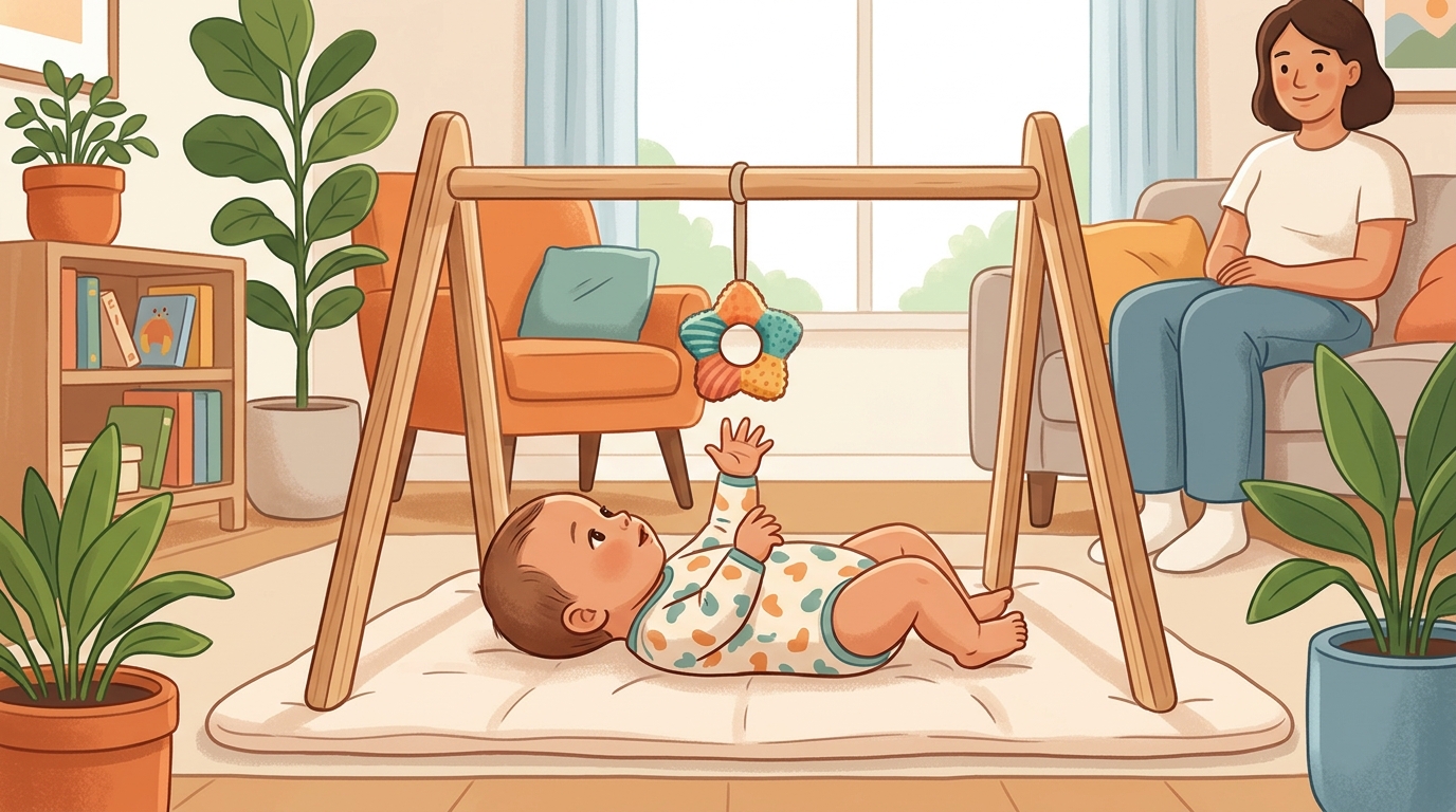 Cartoon illustration of a parent and child at home doing Reach and Bat Dangle.