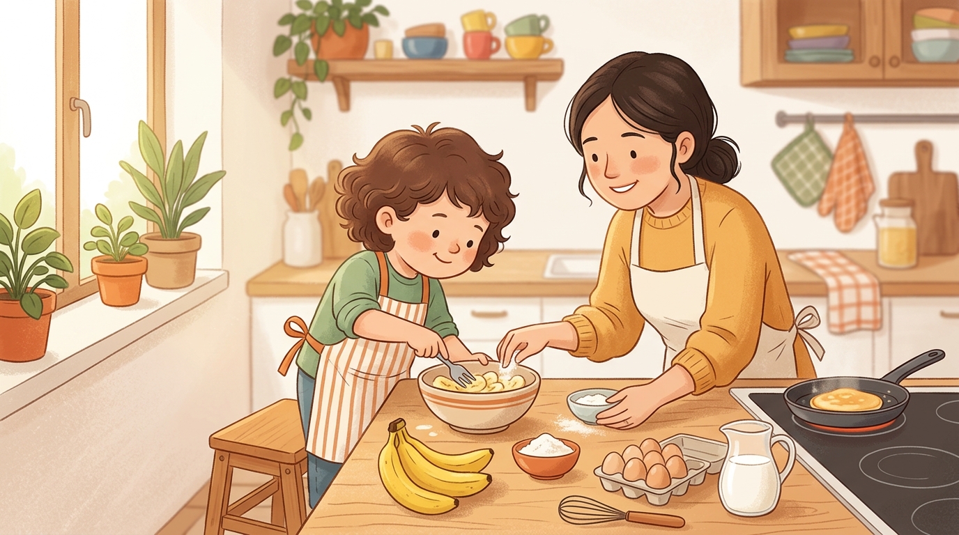 Cartoon illustration of a parent and child at home doing Cook Something Together.