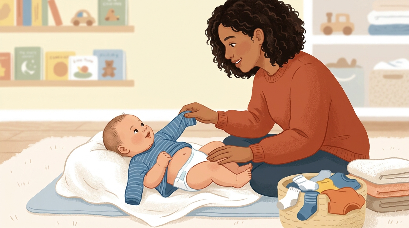 Cartoon illustration of a parent and child at home doing Dressing Dialogue.