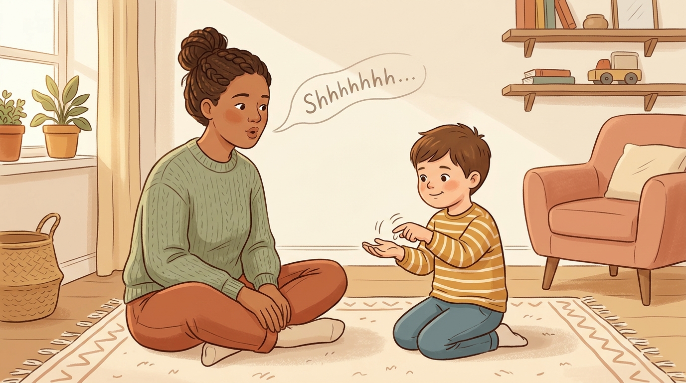 Cartoon illustration of a parent and child at home doing Wind Rain Sound Pair.