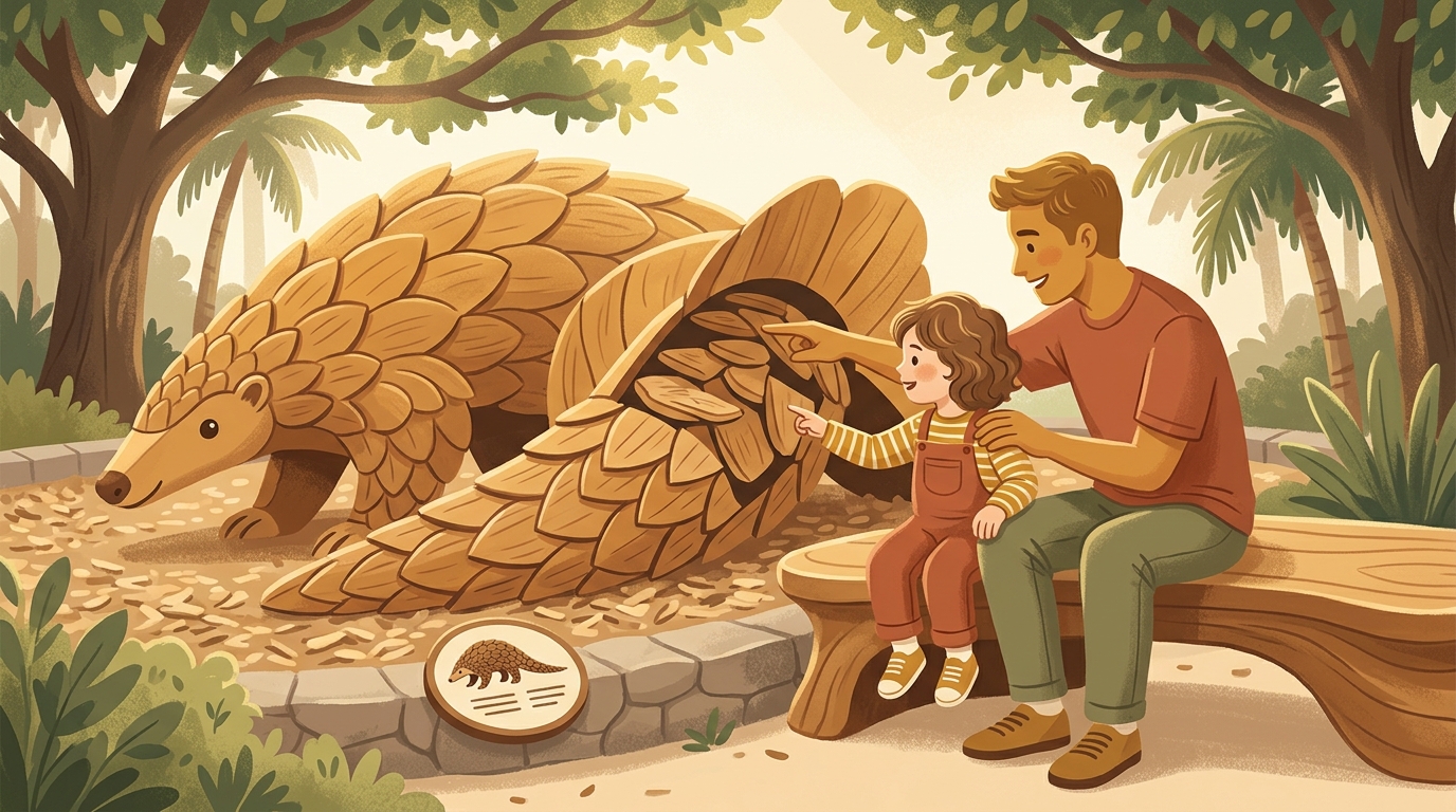 Cartoon illustration of a parent and child at home doing Find The Pangolin Shapes.