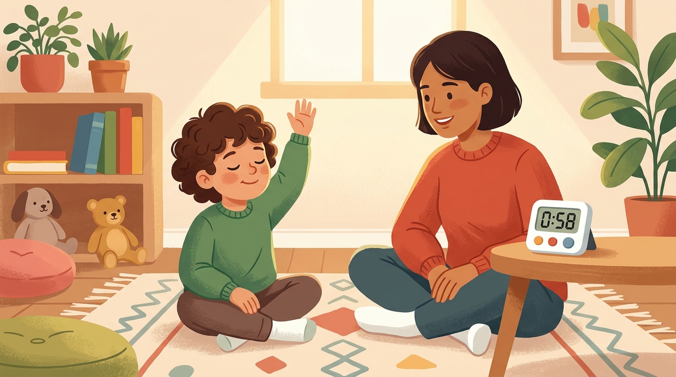 Cartoon illustration of a parent and child at home doing Guess the Minute.