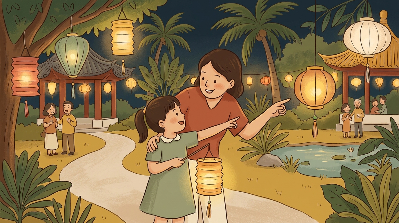 Parent and child choosing favourite lanterns during a festival pause.