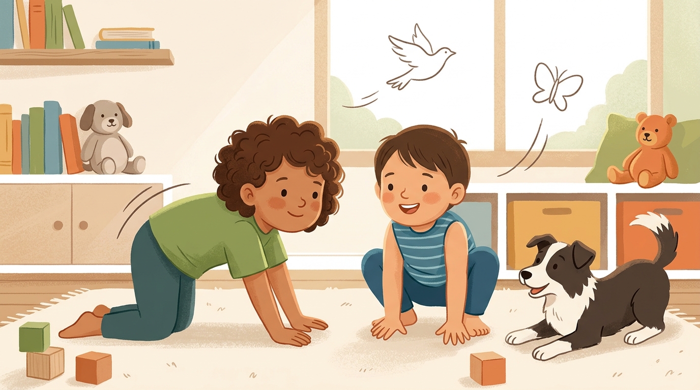 Cartoon illustration of a parent and child at home doing Animal Yoga Moves.