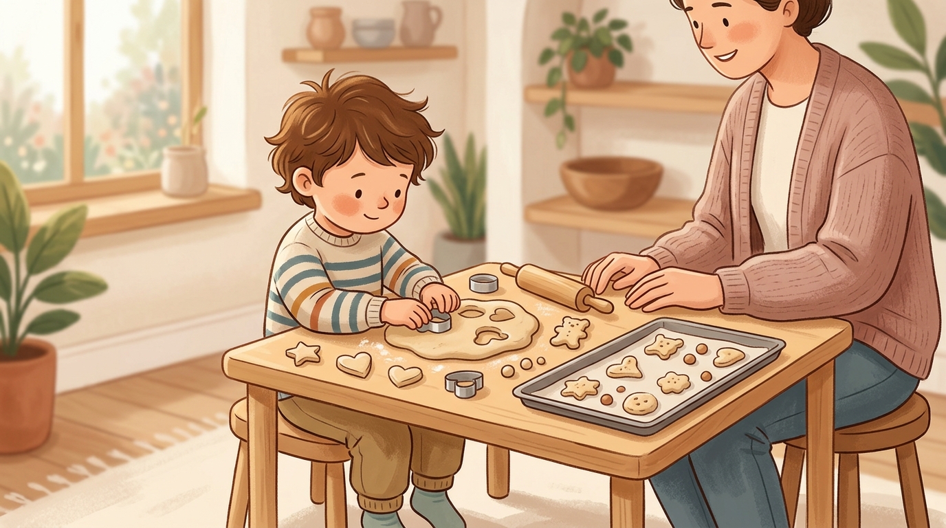 Cartoon illustration of a parent and child at home doing Salt Dough Shapes.