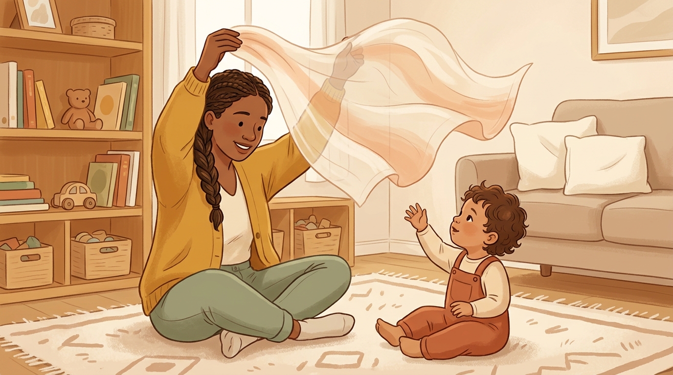 Cartoon illustration of a parent and child at home doing Scarf Up Down.