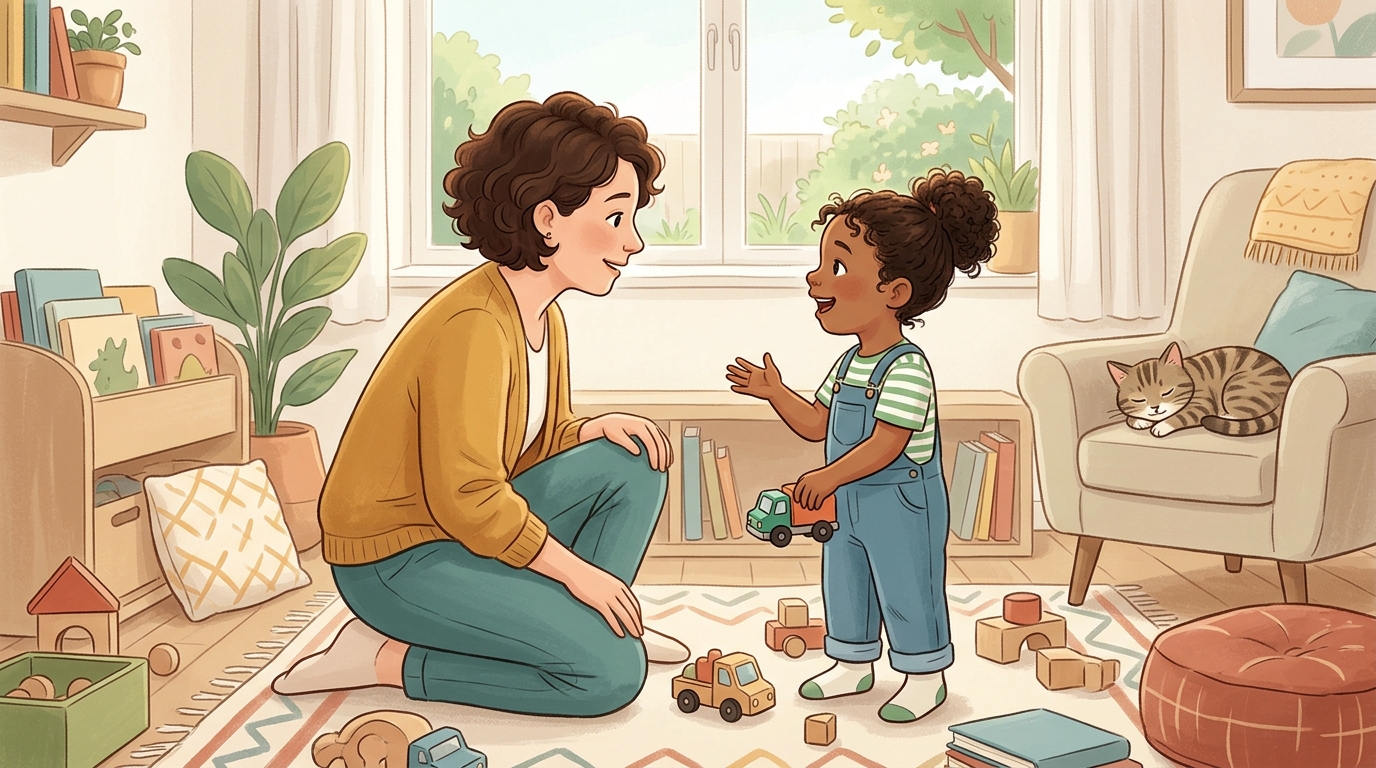 Cartoon illustration of a parent and child at home doing Arrival Questions.