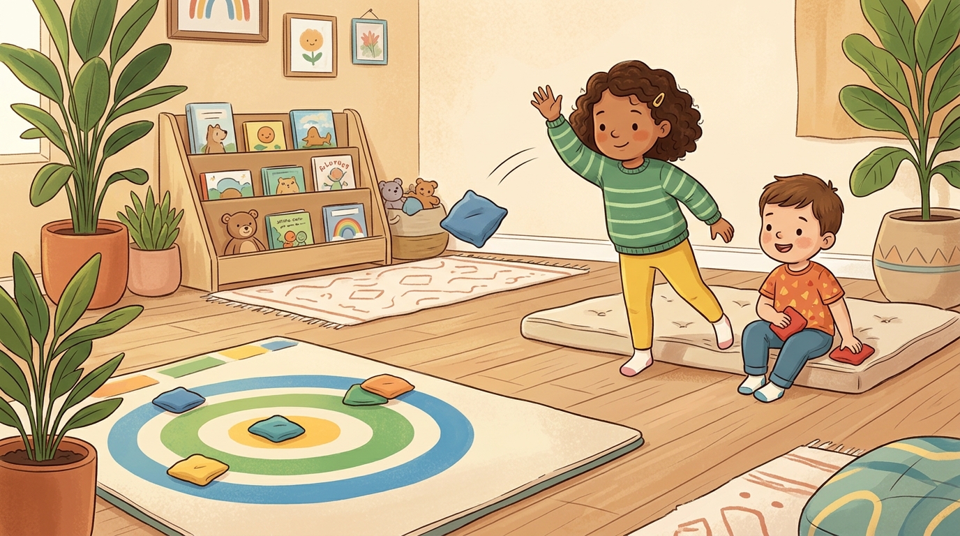 Cartoon illustration of a parent and child at home doing Beanbag Toss Target.