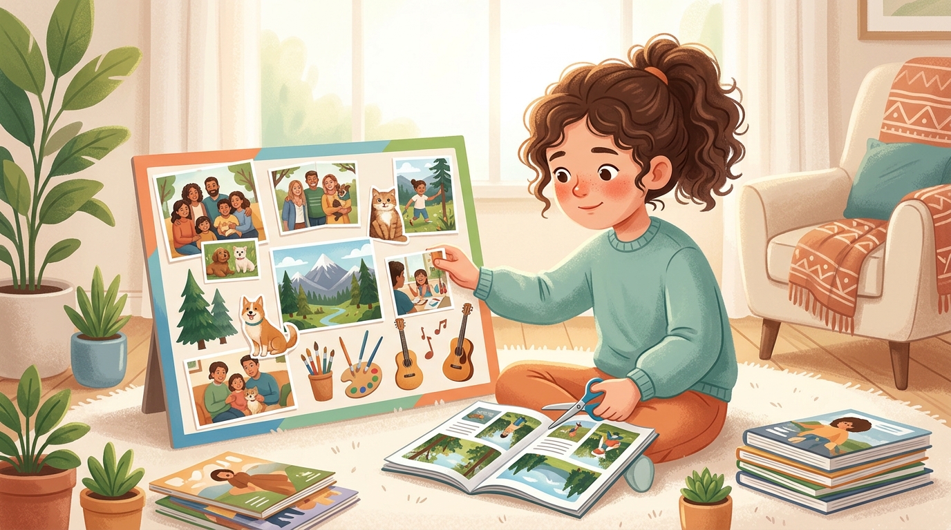 Cartoon illustration of a parent and child at home doing Who I Am Values Board.
