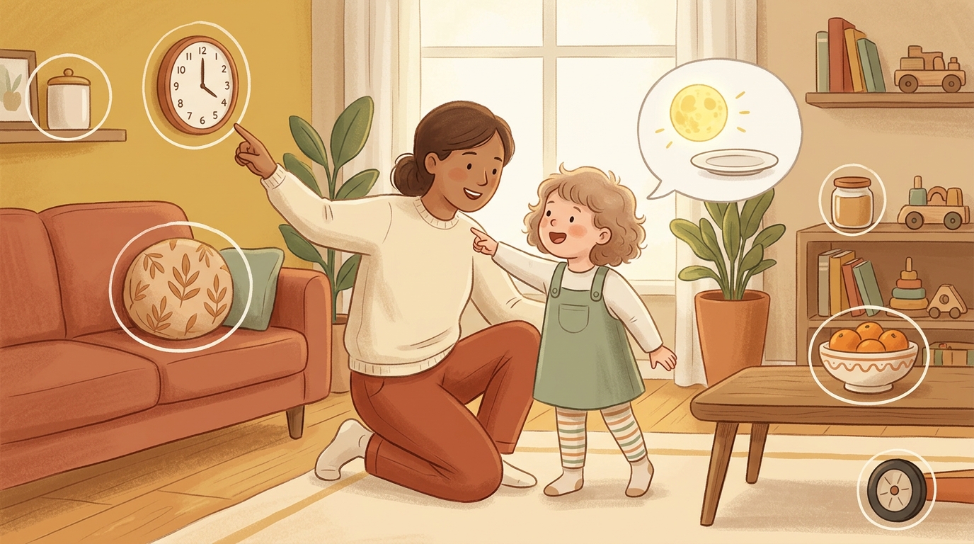Cartoon illustration of a parent and child at home doing Mooncake Circle Hunt.