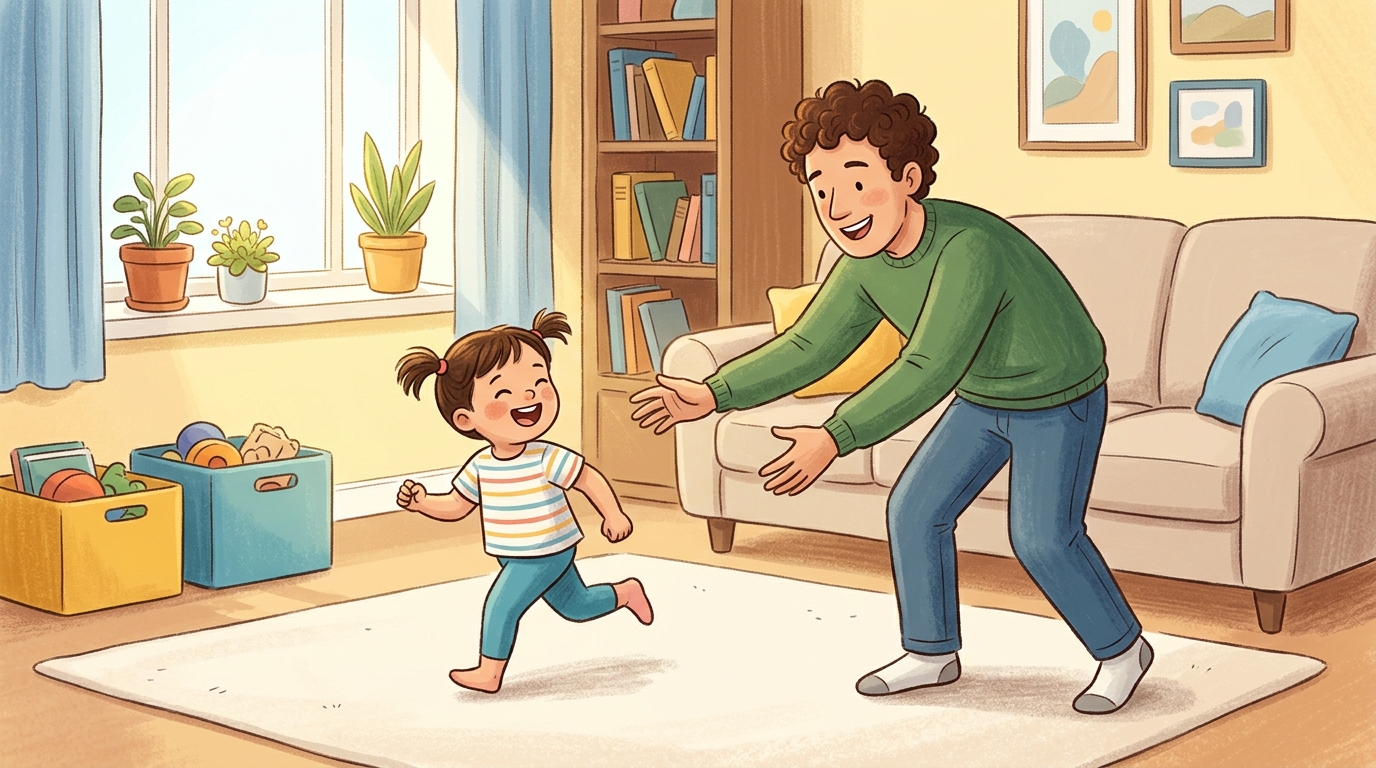 Cartoon illustration of a parent and child at home: adult or older sibling chases the child gently, then child chases back.