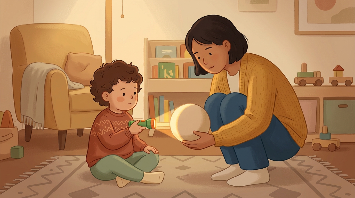 Cartoon illustration of a parent and child at home doing Moonlight On A Ball.