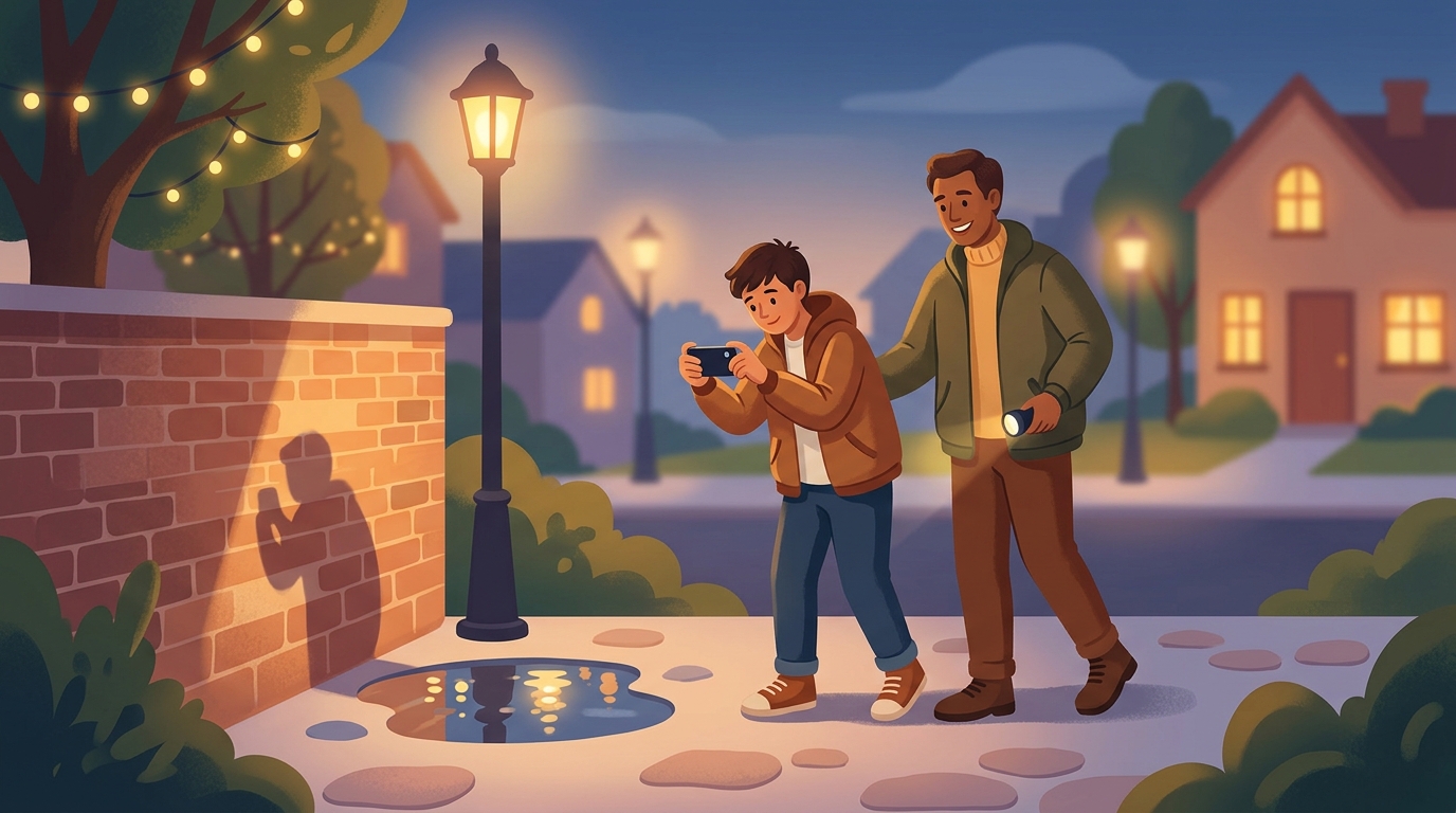 Cartoon illustration of a parent and child outdoors: teen plans and shoots a short photo series on an evening walk in a familiar, safe area.