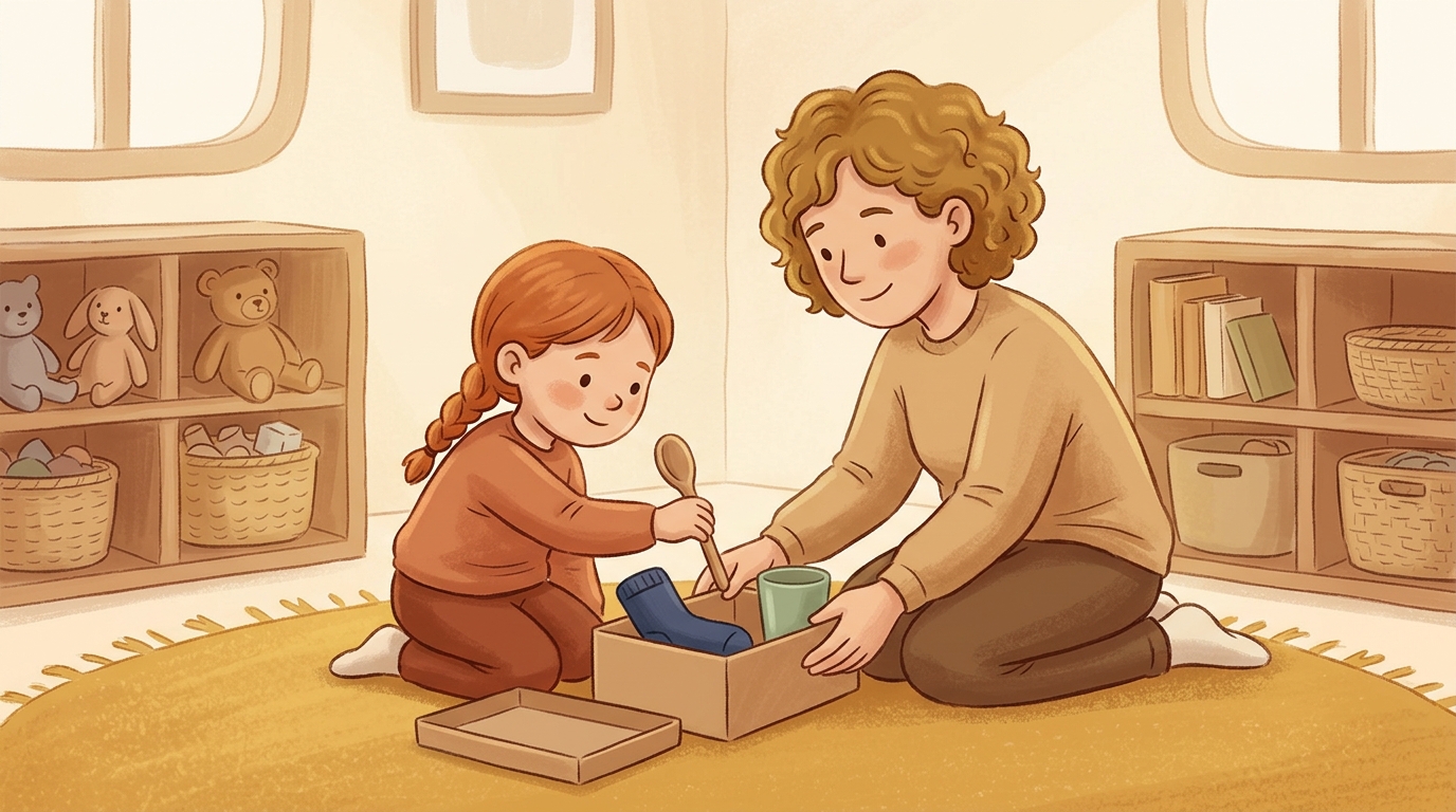 Cartoon illustration of a parent and child at home doing Pack The Mystery Box.