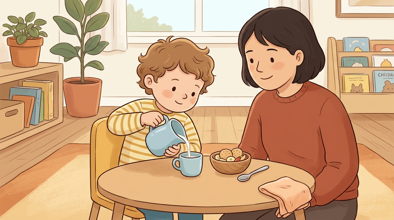 Cartoon illustration of a parent and child at home doing Pour Your Own Snack.