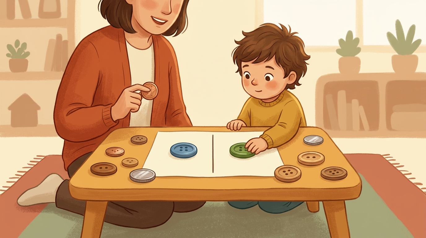 Cartoon illustration of a parent and child at home doing Pixel Symmetry Challenge.