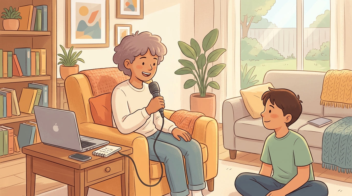 Cartoon illustration of a parent and child at home doing Record a Podcast Episode.