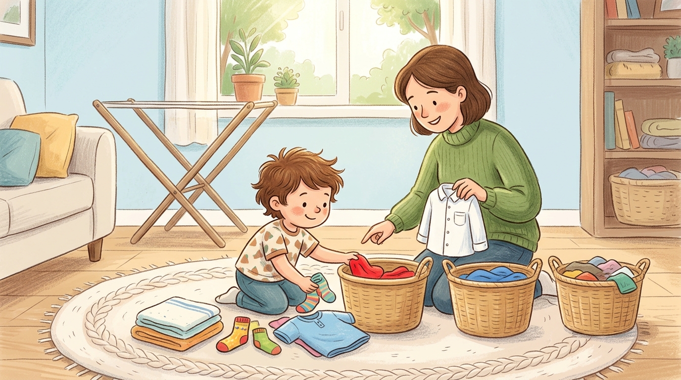 Cartoon illustration of a parent and child at home doing Sort the Laundry.