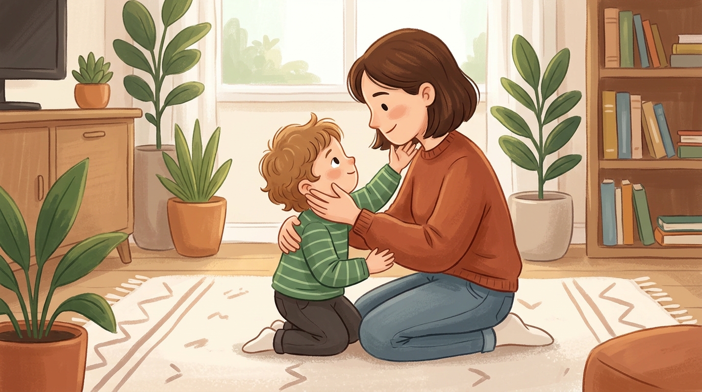 Cartoon illustration of a parent and child at home doing Make-Up Ritual.