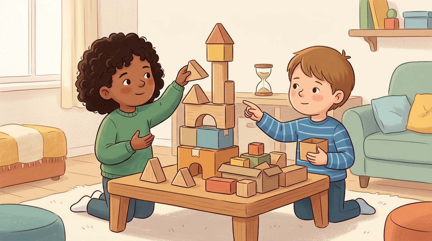 Cartoon illustration of a parent and child at home doing Silent Cooperative Build.