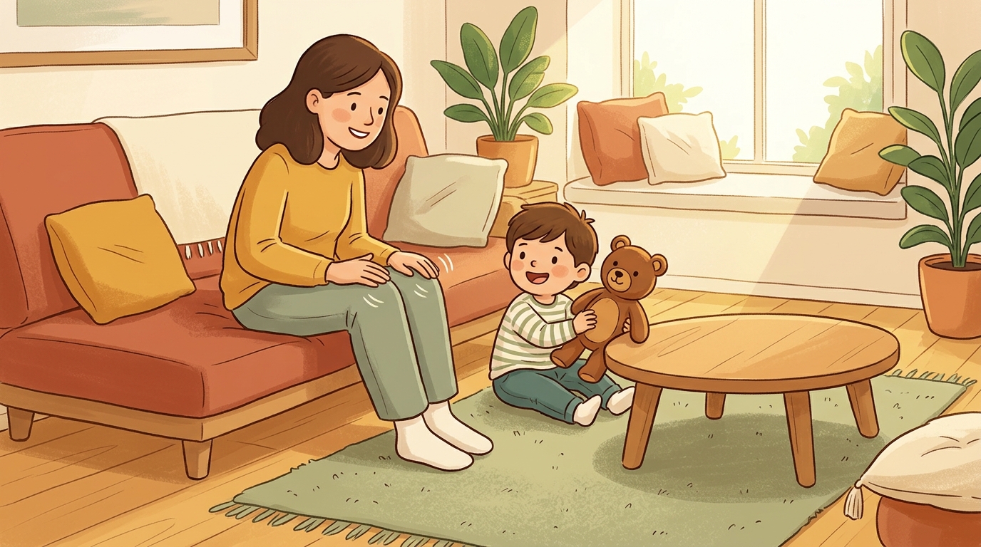 Cartoon illustration of a parent and child at home doing Teddy In Three.