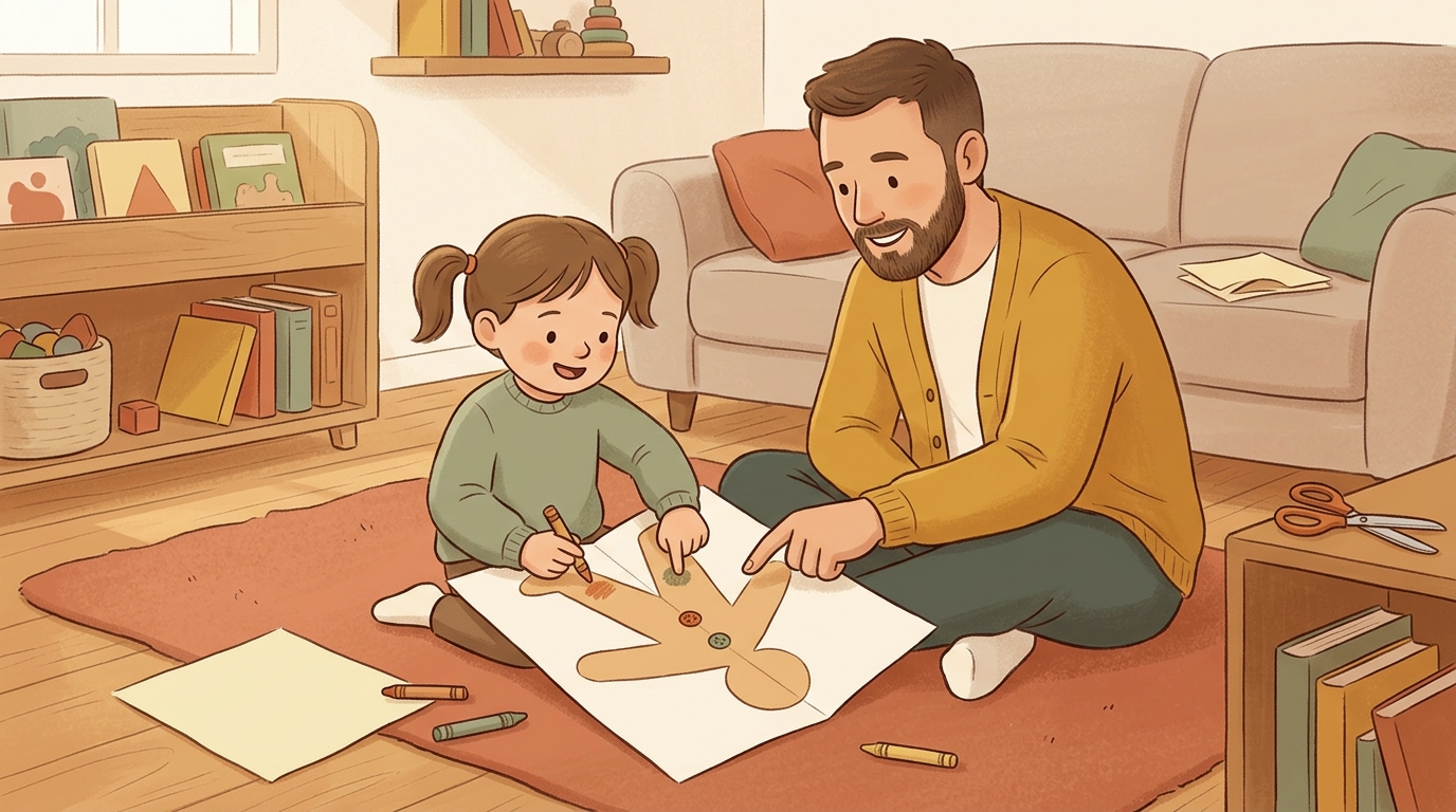 Cartoon illustration of a parent and child at home doing Fold A Biscuit Twin.