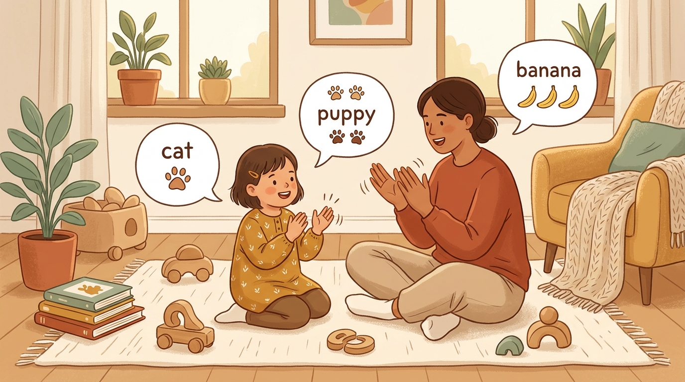 Cartoon illustration of a parent and child at home doing Clap One Two Three.