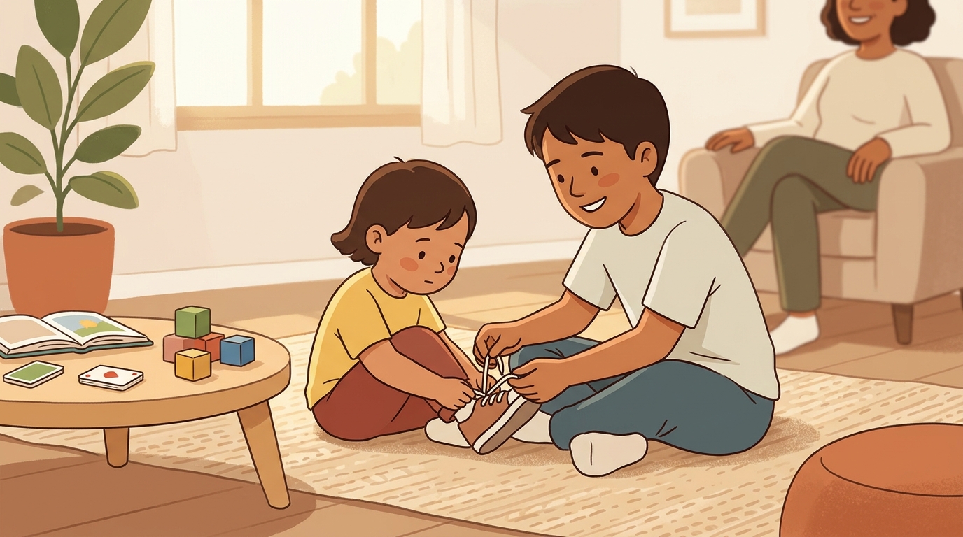 Cartoon illustration of a parent and child at home doing Teach a Younger Sibling.